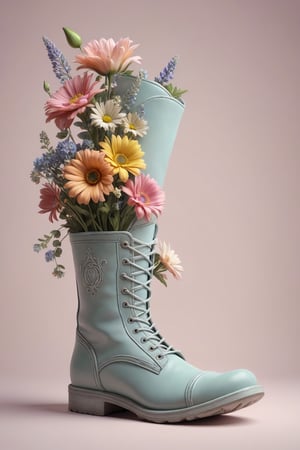 an old soldier boot with flowers inside, pastel colors, soft, dreamlike, surrealism, simple background, intricate details, 3D rendering, octane rendering. Beautiful, perfect, masterpiece of the best quality.
