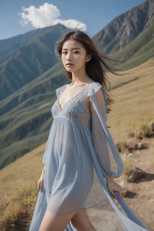 25 years old girl wear babydoll dress thin see through gown in the mountains, hair flying in the wind, 