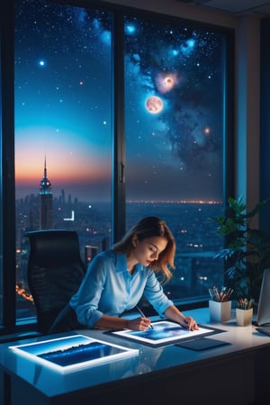 A retoucher woman is doing photoshop in the office in the evening. stars and planets are visible through the window,night cityanalog photography, professional shooting, hyperrealistic, masterpiece, trend,krrrsty