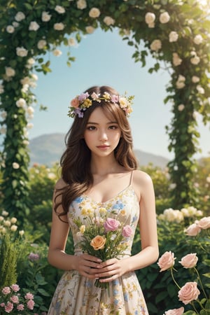 Create the highest quality, ultra-detailed masterpiece (with a weight of 1.2) of a photorealistic girl in a garden. The illustration should feature flowers in full bloom with vibrant colors, exquisite linework, and a patterned dress. Capture the scene with golden sunlight, evoking an ethereal atmosphere. Add ornate floral details, ensuring a serene expression with a blissful aura. Incorporate an elaborate hair accessory and introduce fantasy elements to enhance the overall composition. Utilize a blue color scheme and include an abstract background. Implement artistic lighting techniques for a photorealistic result, and apply a flat color style that is super colorful.