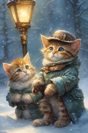 Hyper-detailed painting, Jean-Baptiste Monge style, a three small and cute cats sad and cold in the snow, under a single outfit of cold, splash, bright, fluffy, adorable, filigree, lights, fluffy, magical, surreal, fantasy, art digital, ultra hd, hyperrealistic illustration, vivid colors, UHD, perfect cinematic light,greg rutkowski