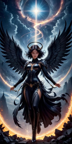 Generate hyper realistic image of  a dark angel with onyx wings, locked in a cosmic battle with a devil wreathed in dark flames, set against the backdrop of a star-studded night sky.
