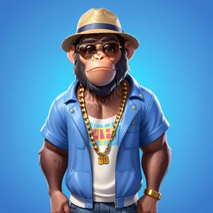 Create a 3D ape character in a blue portrait background, NFT ape, ape wearing stylish and expensive clothes, wears expensive chain, wears sunglasses, wears hat. Gta cartoon style, full image, disney pixar style