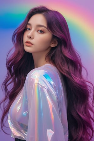 1girl, solo,long wavy hair,flowing rainbow colored holographic background,portrait, holographic, iridescent, vaporwave, fluid,niji style,realistic