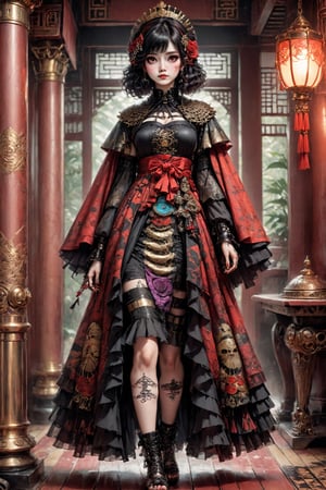 cute Little girl,Little Red Riding Hood in a fusion of Japanese-inspired Gothic punk fashion,Red Hood,elegance ancient Egypt edgy elements of Gothic punk,Envision Cleopatra adorned in a kimono-inspired gown with Gothic accessories, incorporating traditional Japanese motifs and punk-inspired details,Emphasize the unique synthesis of styles, capturing the regal allure of Cleopatra with a contemporary and rebellious twist,goth person,pastel goth,dal,colorful