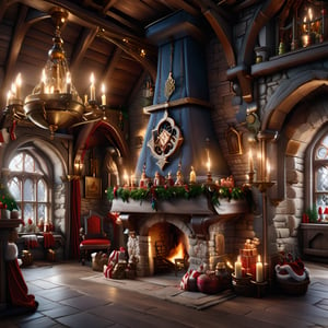 Masterpiece, High quality, 8k, realistic ,medieval, medieval santa's house, medieval ages ,(Santa claus), no other people,  chandelier:1.2, interior, fireplace, stockings, 