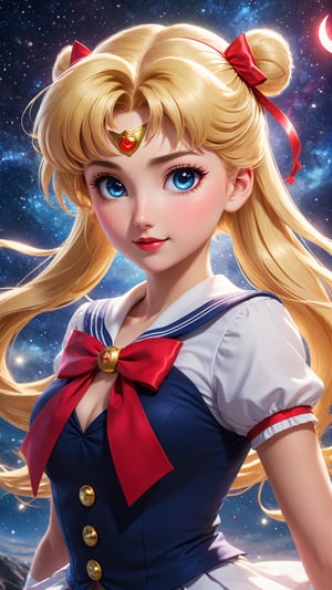 Dynamic Animation still of the magical transformation of a blonde Sailormoon with her sailor uniform and red ribbon bow, unqiue moon composition, galaxy backdrop, terragen, eleborate consisitent background elements, whimiscal magic, key visual, light particles, swirling bioluminescent magical energy, bokeh, vignette