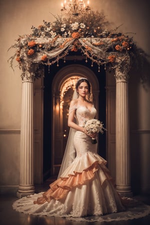 Story, bride posing under a fairy tale, elaborate scene style, glitter, orange, realistic style, 8k,exposure blend, medium shot, bokeh,thin face, (hdr:1.4), high contrast, (cinematic, dark orange and white film), (muted colors, dim colors, soothing tones:1.3), low saturation, (hyperdetailed:1.2), (noir:0.4)