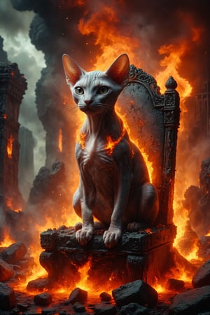 Design a fantasy scene where a Sphynx cat with fire skin rests on a throne of flames in a volcanic realm of lava and ashes in a world of magical elements.