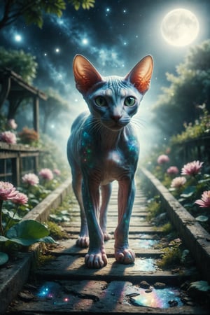 Generate a surreal image of a Sphynx cat with holographic skin walking across a bridge of light in a garden under a full moon in a dreamy universe.