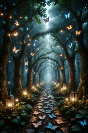 In an enchanted garden, trees have crystal leaves that shine with their own light, and the butterflies are actually lanterns illuminating the path to a maze of mirrors.