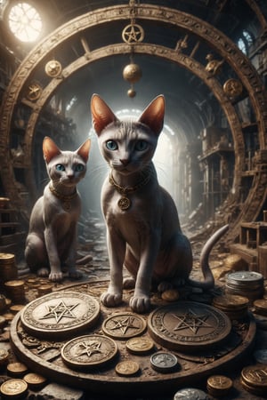 Generates an image of a Sphynx cat working in collaboration with two other cats in the construction of an elaborate structure, symbolizing skill, and next to this 3 large coins with pentacles engraved