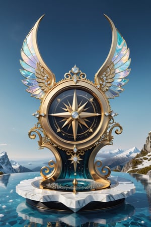 High definition photorealistic render of a luxury Beautiful compass on a throne floating on a mountain with sculptural sculptured ornament, at the bottom of the sea, with fish and marine life and bubbles, ice effects, with fluid and organic shapes, with precious stones, metal and marble, golden, with a background where a parametric sculpture with dragon wings appears, in metal, marble and iridescent glass, with precious diamonds, with symmetrical curves in the shape of wings on a marble background, black and white details, chaotic swarowski, inspired by Zaha's style Hadid, gold iridescence, with black and white details. The design is inspired by the main stage of Tomorrowland 2022, with ultra-realistic Art Deco details and a high level of iridescence of image complexity, a photograph with professional photography parameters with focal aperture and depth of field and ISO
