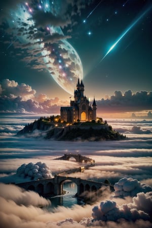 photorealistic photography in high definition, of a mystical fantasy scene, of a luxurious dragon in front view, in the background it should be with floral constructions and butterflies, a magical lake surrounded by mushrooms, inspired by Alice in Wonderland, as if It was a fairy tale, with interstellar space visible in the sky, with golden luminous flashes and shooting stars and a castle elevated above the clouds, a mystical and enigmatic scene.