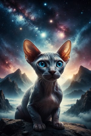 Generate a surreal image of a Sphynx cat with galaxy eyes contemplating the universe from the top of a sacred mountain on a distant planet, where the stars shine brightly in the eternal night.