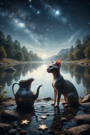 Design a scene of a ONE  Sphynx cat by a lake under a starry sky, pouring water from two jugs, symbolizing hope, inspiration, and renewal.