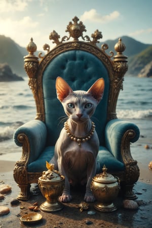 Creates an image of a female Sphynx cat with a beautiful crown on her head, on a throne, holding a covered golden metal cup and surrounded by aquatic elements, located on the shores of the sea, holding a covered cup and surrounded by aquatic elements,