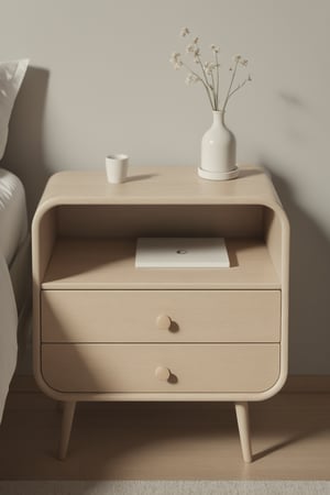(best quality, high resolution, ultra high resolution, masterpiece, realistic, extremely detailed photography, 8K wallpaper, intricate details, film grains), high definition photorealistic photography of a Nightstand design concept, Completely made of wood with a Scandinavian style, rounded corners, fine carpentry and pastel colors. A photographic scene designed with advanced photography parameters, CGI and VFX, in high definition, guaranteeing impeccable execution and a high level of image complexity.