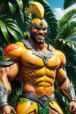 High definition photorealistic render of a incredible and mysterious mythological character of a warrior mango with the body of a man, located in a tropical jungle and with a big smile, a warrior character well armed and ready for war, an excellent muscular mango with hypermaximalist detail and art deco ornament in metal and marble