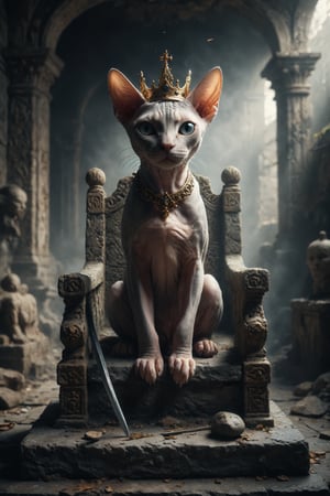 Design a scene of a Sphynx cat on a stone throne, with a crown on its head, and with a sword