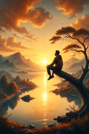 Create an illustration of a person sitting on a high tree branch, watching a golden sunset over a lake.