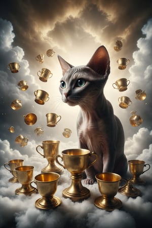 Create an image of a Sphynx cat looking at seven gold metal cups, floating on a cloud