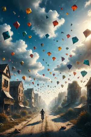 Design a scene of a sky filled with kites that are steered by people flying on flying bicycles.