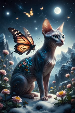 Create an illustration of a Sphynx cat with butterfly wings exploring a glass garden atop a snowy mountain, where the flowers shine with their own light under the moonlight.