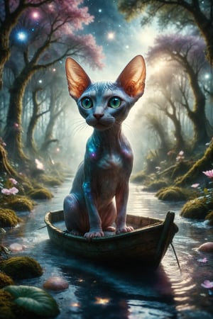 Design a surreal scene where a Sphynx cat with iridescent skin tones and eyes that shimmer like stars sails in a glass boat along a river of milk amidst an enchanted forest.