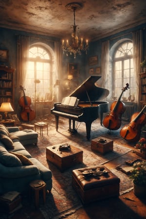 Create an illustration of a living room where furniture is musical instruments and play a heavenly symphony.