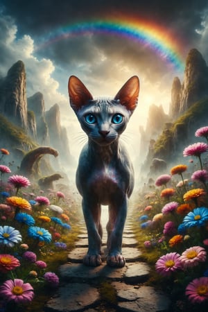 Generate a surreal image of a Sphynx cat with crystal eyes, walking across a rainbow bridge spanning a valley of flowers in a fantasy world.