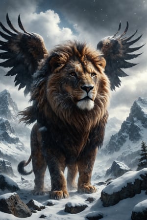 escene hidrid - Generate an image of a lion with the mane of an eagle roaring on top of a snowy mountain.