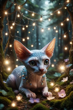 Design a magical scene where a Sphynx cat with crystal skin plays with fairies in an enchanted forest full of twinkling fairy lights.