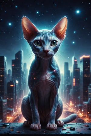 Create an illustration of a Sphynx cat with mirror skin, reflecting the city lights from the top of a skyscraper in a neon and starry urban world.