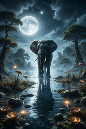 Design a scene of an elephant with the tail of a fish swimming in an enchanted lake under the moonlight.