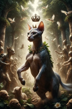 Generate a scene of a victorious Sphynx cat riding a horse, with a laurel crown and followers around, symbolizing triumph, recognition, and success.