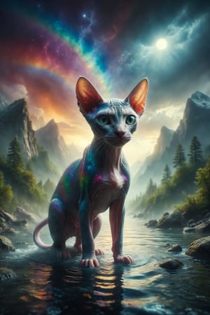 Generate a surreal image of a Sphynx cat with neon skin sailing down a rainbow river in a dreamlike world, while the mountains around it are covered in cascades of light.