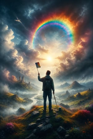 Generate an image of a person painting a rainbow in the sky with a magical brush from the top of a hill.