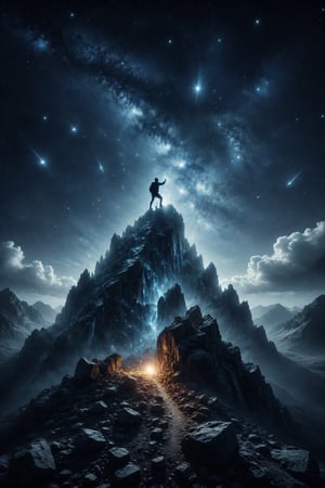 Generate an image of a person climbing a crystal mountain under a night sky with shooting stars.