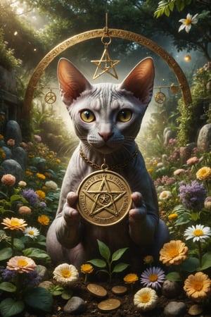 Creates an image of a Sphynx cat holding a large one golden coin with a pentacle engraved on the coin, located over a fertile garden, symbolizing prosperity, abundance and material potential.