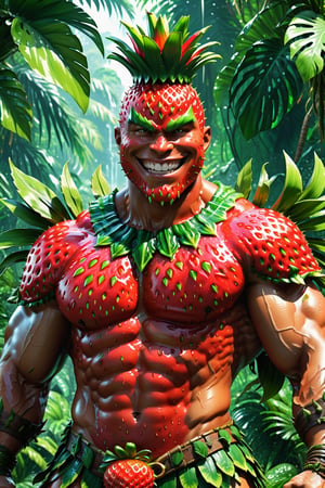 High definition photorealistic render of a incredible and mysterious mythological character of a warrior slime with the body of a man red and green, head and body strawberry inspiration desig fruit in the character, located in a tropical jungle and with a big smile, a well-armed warrior character ready for war, an excellent muscular pineapple with hypermaximalist 