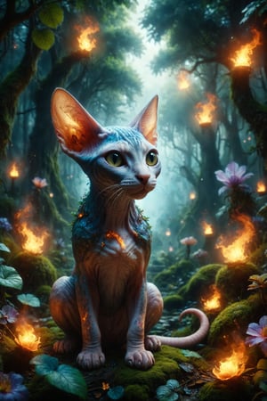 Design a fantasy scene where a Sphynx cat with fire skin awakens in an enchanted forest full of mystical creatures and bioluminescent plants, in a world of magic and wonders.