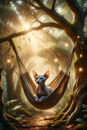 Design a dreamy scene where a Sphynx cat with star skin relaxes in a hanging hammock among the branches of a giant tree in a magical forest full of golden light.