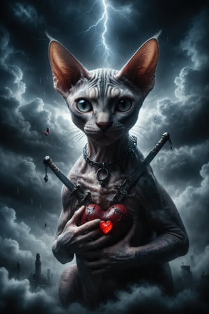 It generates an image of a Sphynx cat holding a heart pierced by 3 swords, under a storm cloud, symbolizing pain, betrayal and emotional loss.