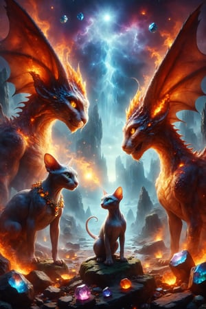 Design a fantasy scene where a Sphynx cat with fire skin faces off against a crystal dragon in a valley of gems in a world of magic and legends under a sky ablaze.