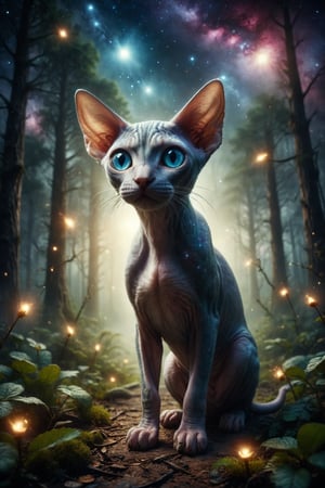 Generate a surreal image of a Sphynx cat with galaxy eyes exploring a firefly forest on a distant planet, while stars light up the path with flashes of light.