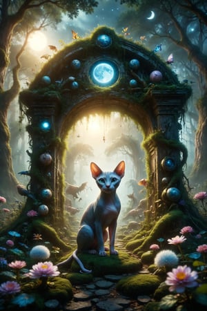 Design a fantasy scene where a Sphynx cat with moon skin discovers a magical portal in the midst of an enchanted forest, transporting it to a dream realm full of fantastic creatures.