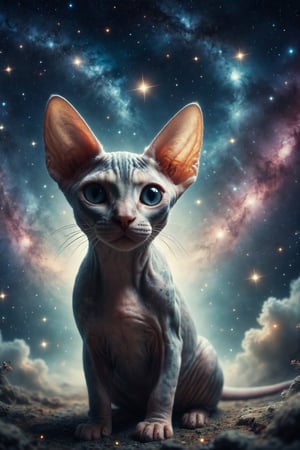 Design a dreamy scene where a Sphynx cat with fairy wings dances among the shooting stars in a night sky full of constellations and the shimmering Milky Way.