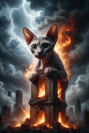 Create an image of a Sphynx cat falling from a burning tower with lightning in the sky, symbolizing destruction, revelation, and radical change.