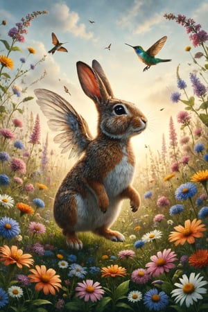 Create an illustration of a rabbit with the wings of a hummingbird fluttering around a field of wildflowers.